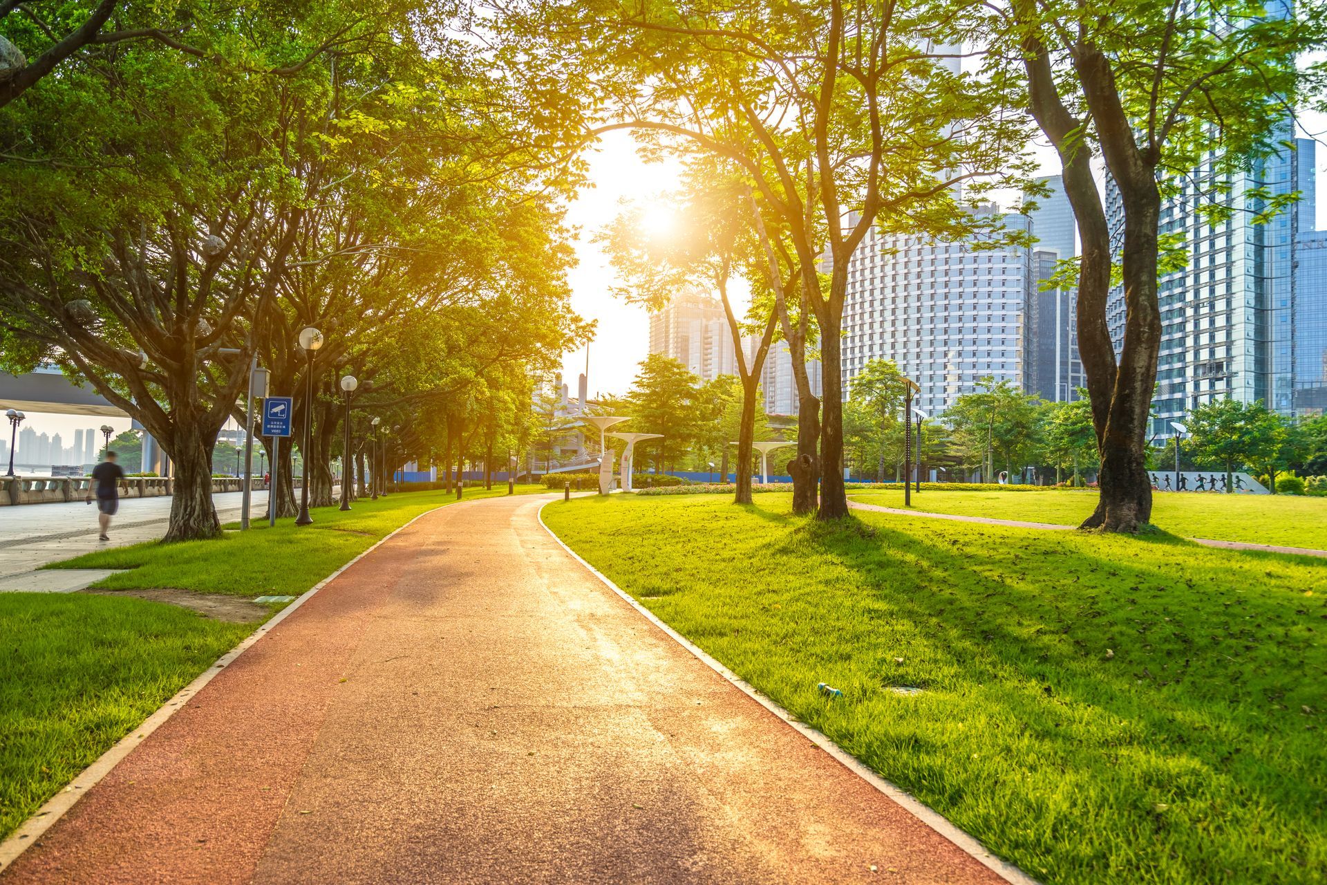 A sunlit path winds through a green park toward city buildings, with a person running in the distance.