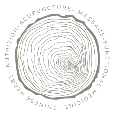 Logo with tree rings and text: nutrition, acupuncture, massage, functional medicine, Chinese herbs.