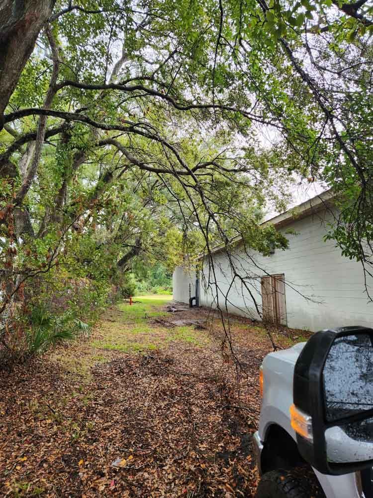 Dirt path under tree canopy, leading to a white building. A truck is in the foreground.