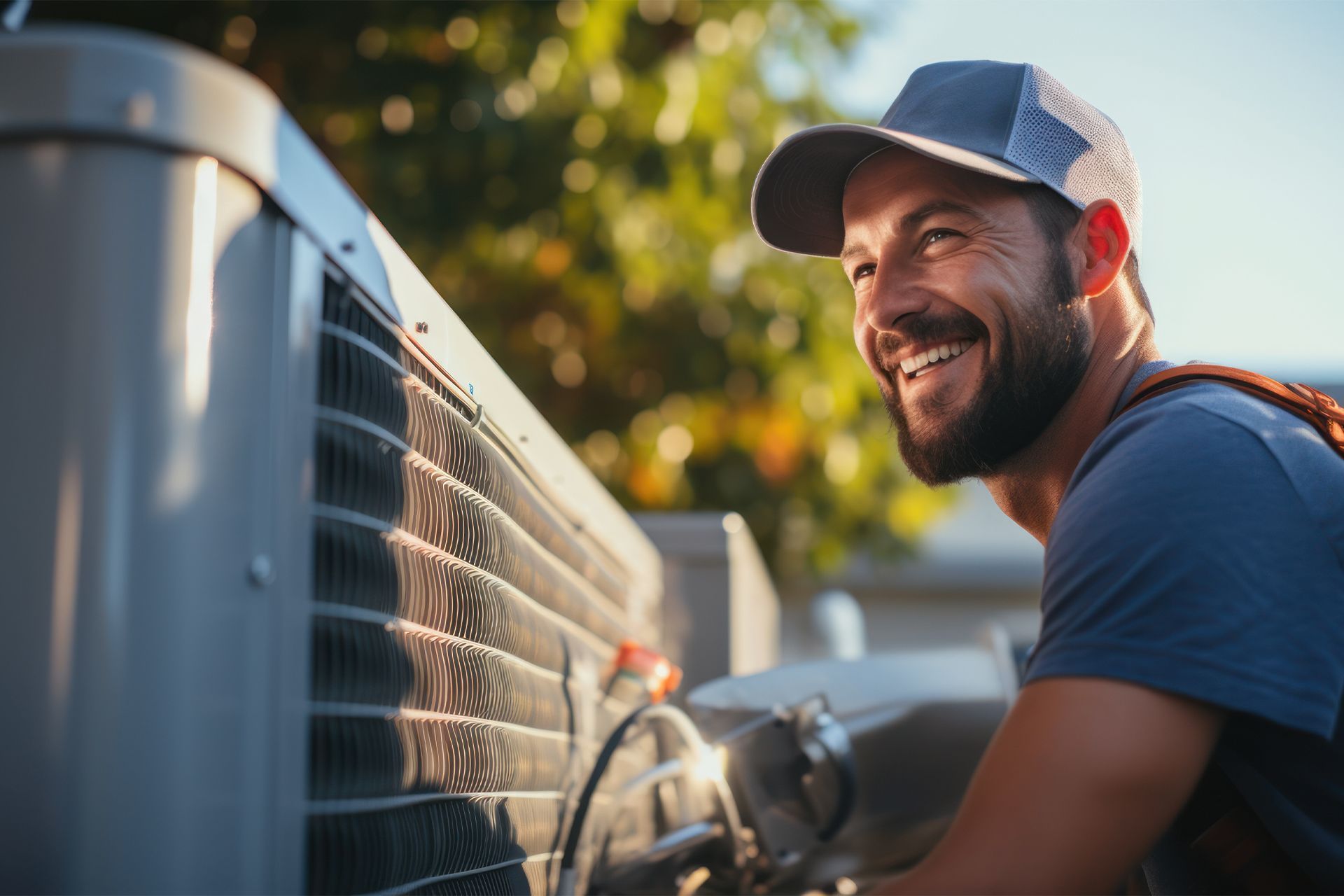 Smiling person in a cap inspecting an outdoor air conditioning unit.
