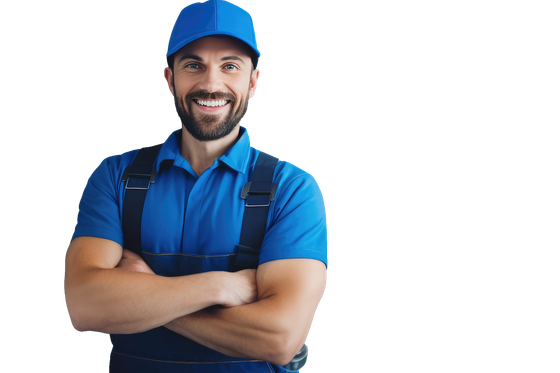 Man in blue uniform smiles with arms crossed.