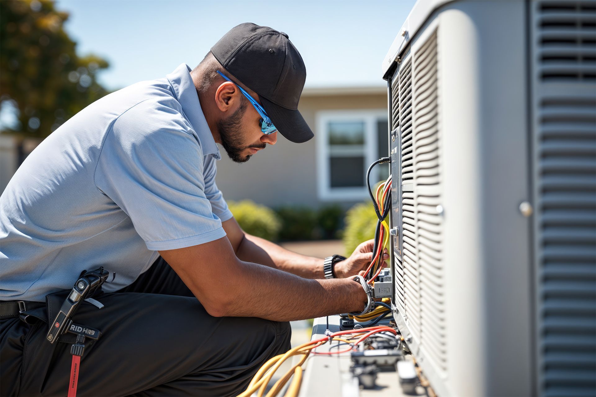 HVAC technician working on outdoor air conditioning unit. Wiring, tools, sunny day.