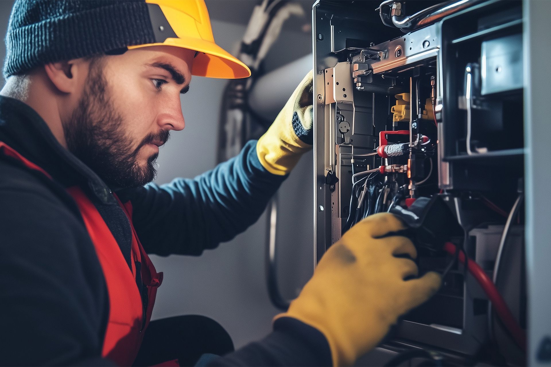 A worker in a hard hat and gloves repairs electrical equipment in a dimly lit industrial setting.