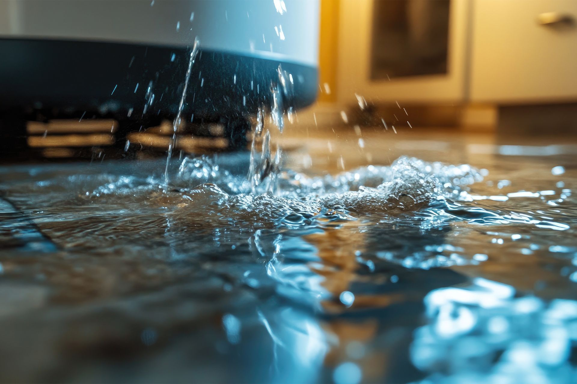 Water leaking onto a tiled floor from a white appliance.
