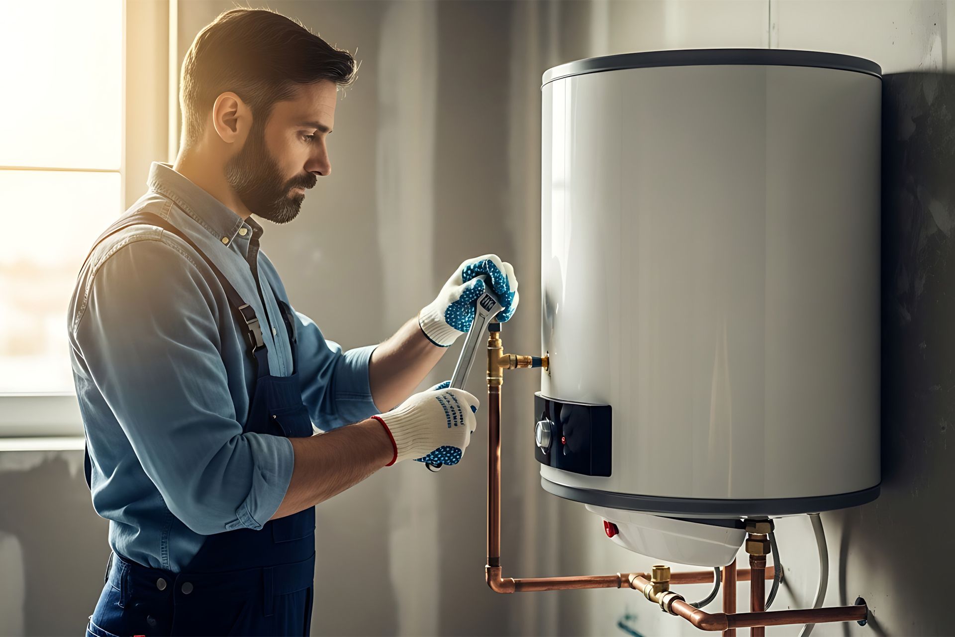 Plumber in overalls and gloves repairs a white water heater with copper pipes.