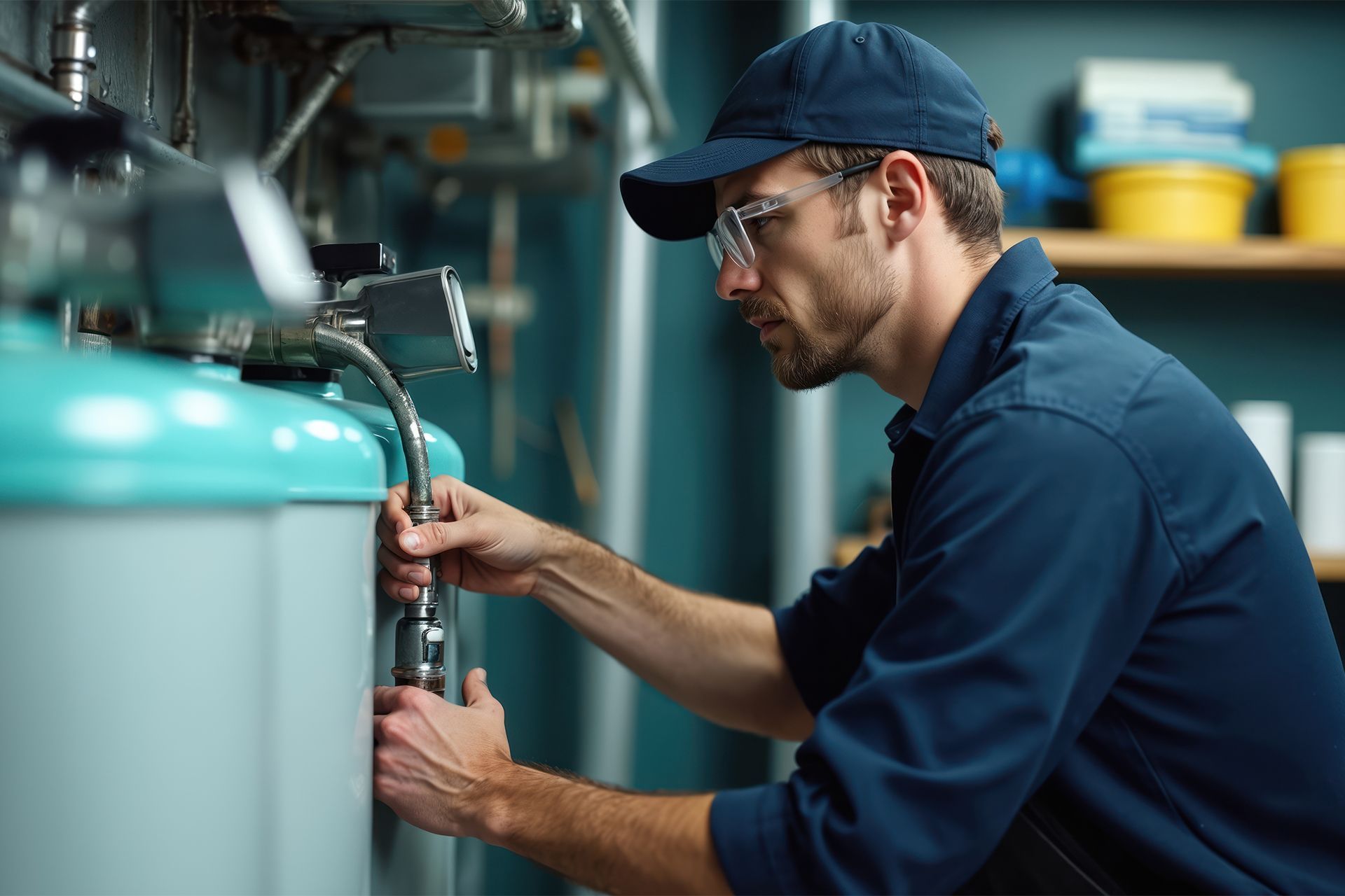 Plumber in a blue uniform and cap working on a water heater in a utility room.