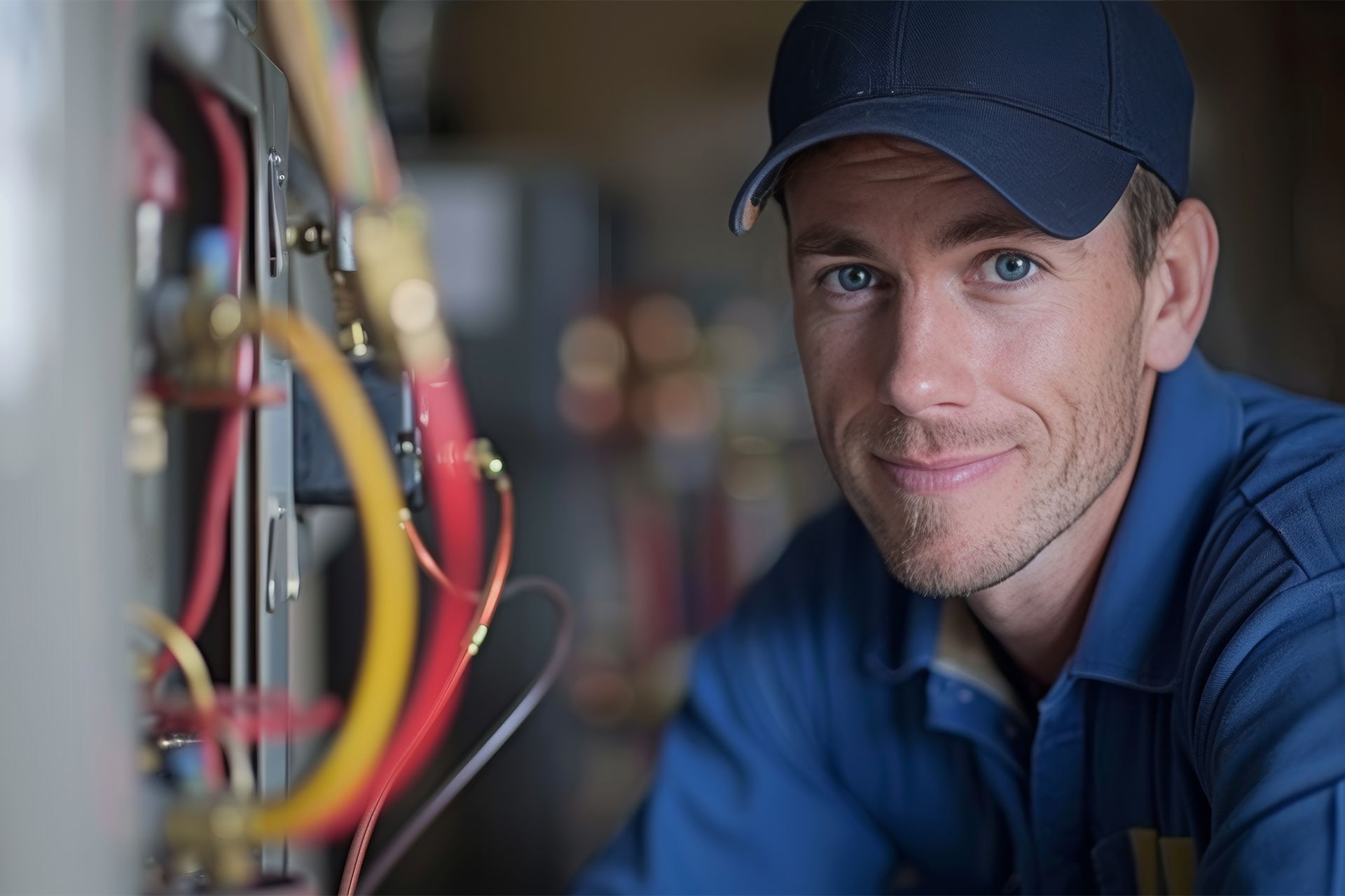 Smiling worker in blue coveralls and cap by wiring.