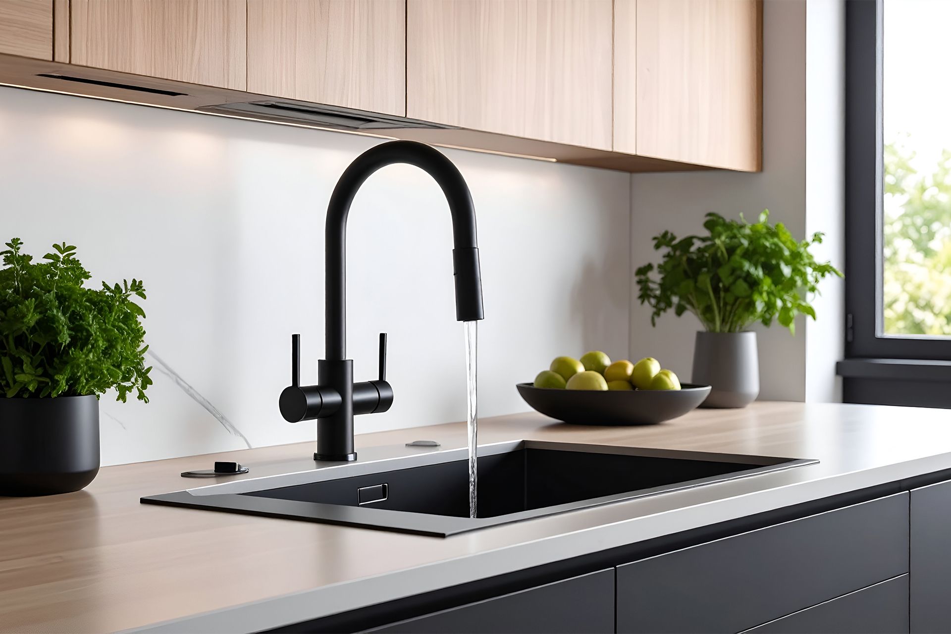 Modern kitchen sink with black faucet, water flowing, wooden countertop, plants.