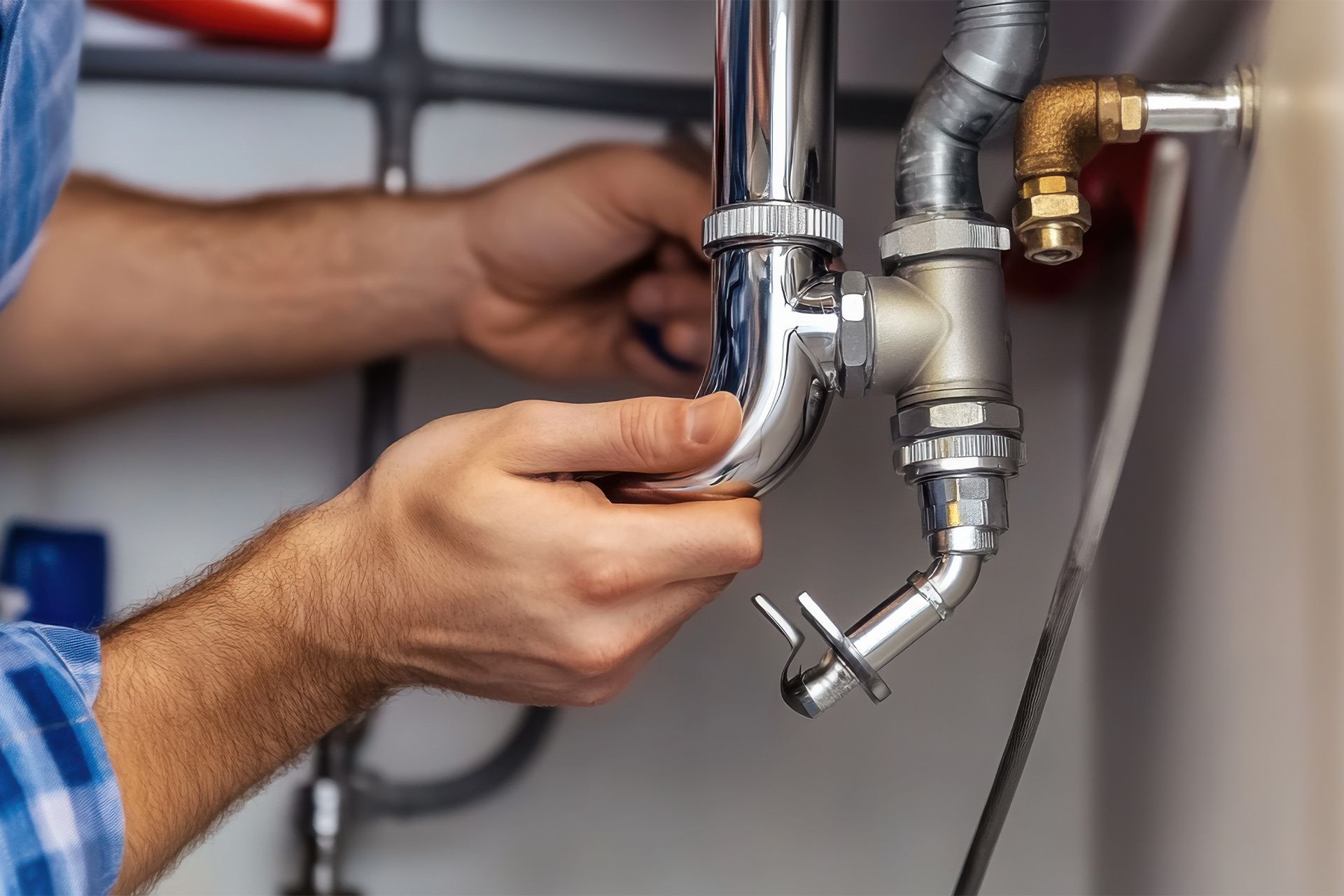 Plumber connecting pipes under a sink; silver and brass pipes, close-up of hands.