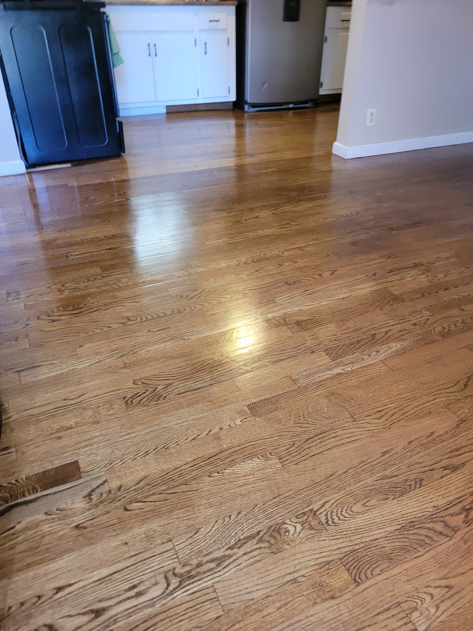 Shiny, hardwood floors in a home. The floor has a brown tone, reflecting the light from the room.