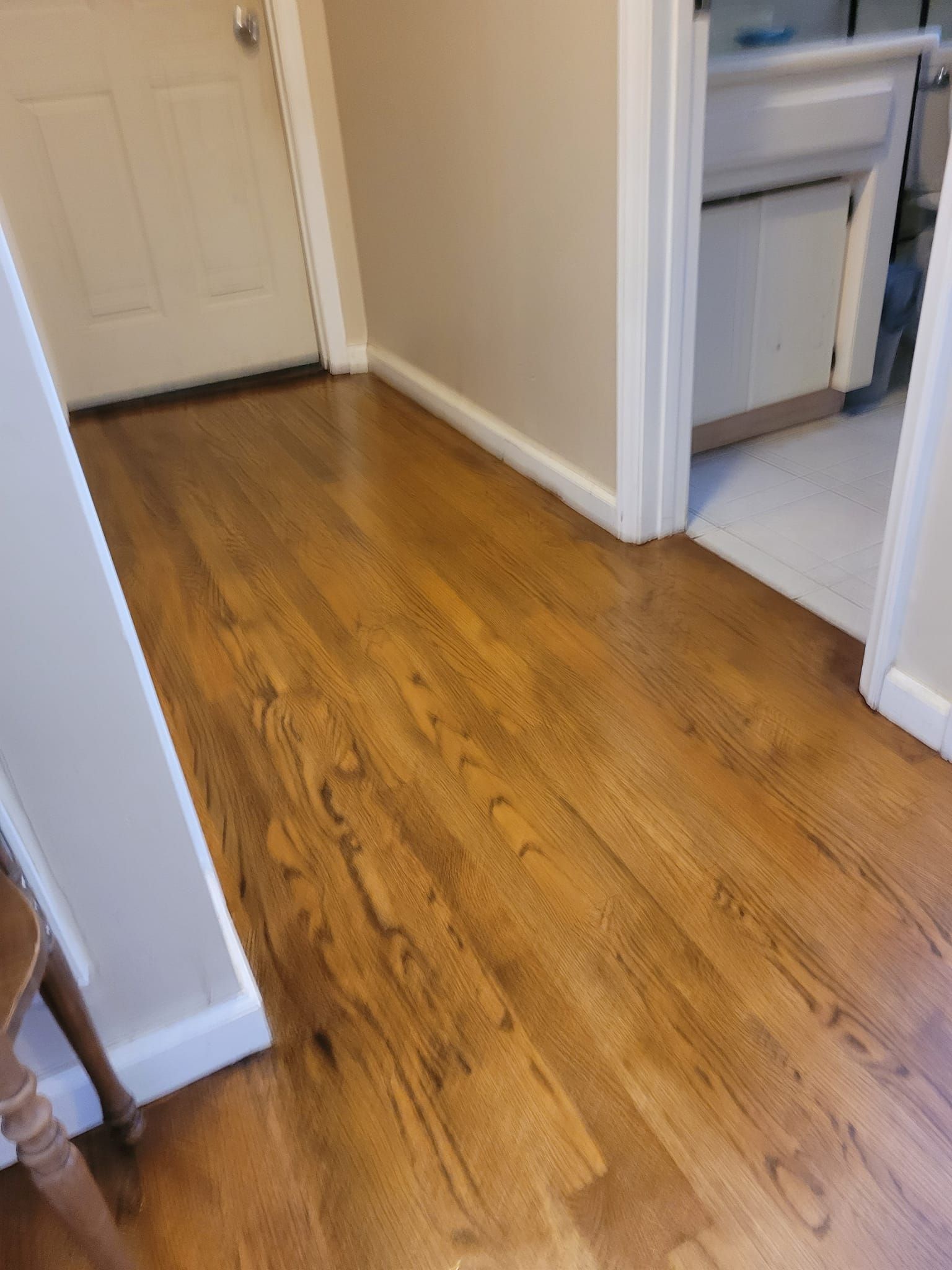 Hardwood floor hallway with a white door and bathroom entrance.
