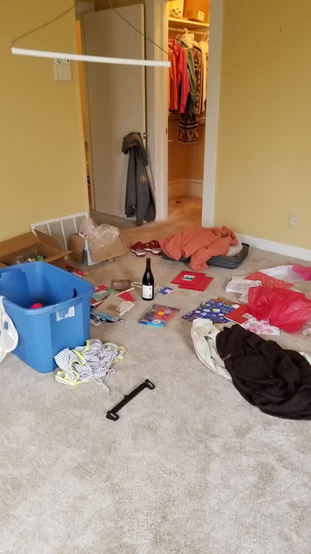 Messy room with scattered clothes, toys, and a bottle of wine; closet visible.