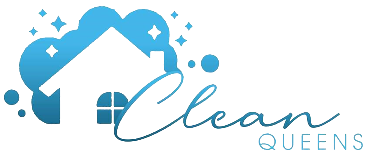 Logo with a white house silhouette, blue cloud, and cursive "Clean" with "QUEENS" below.