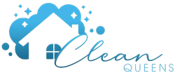 Logo with a white house silhouette, blue cloud, and cursive "Clean" with "QUEENS" below.