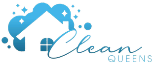 Logo with a white house silhouette, blue cloud, and cursive "Clean" with "QUEENS" below.