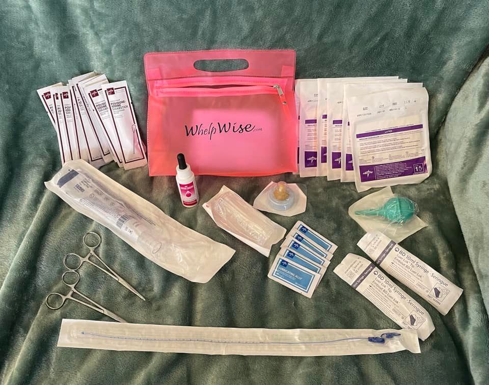 A pink bag filled with medical supplies is sitting on a bed.