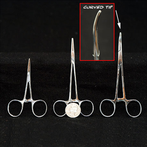 A pair of scissors with a curved tip next to a quarter