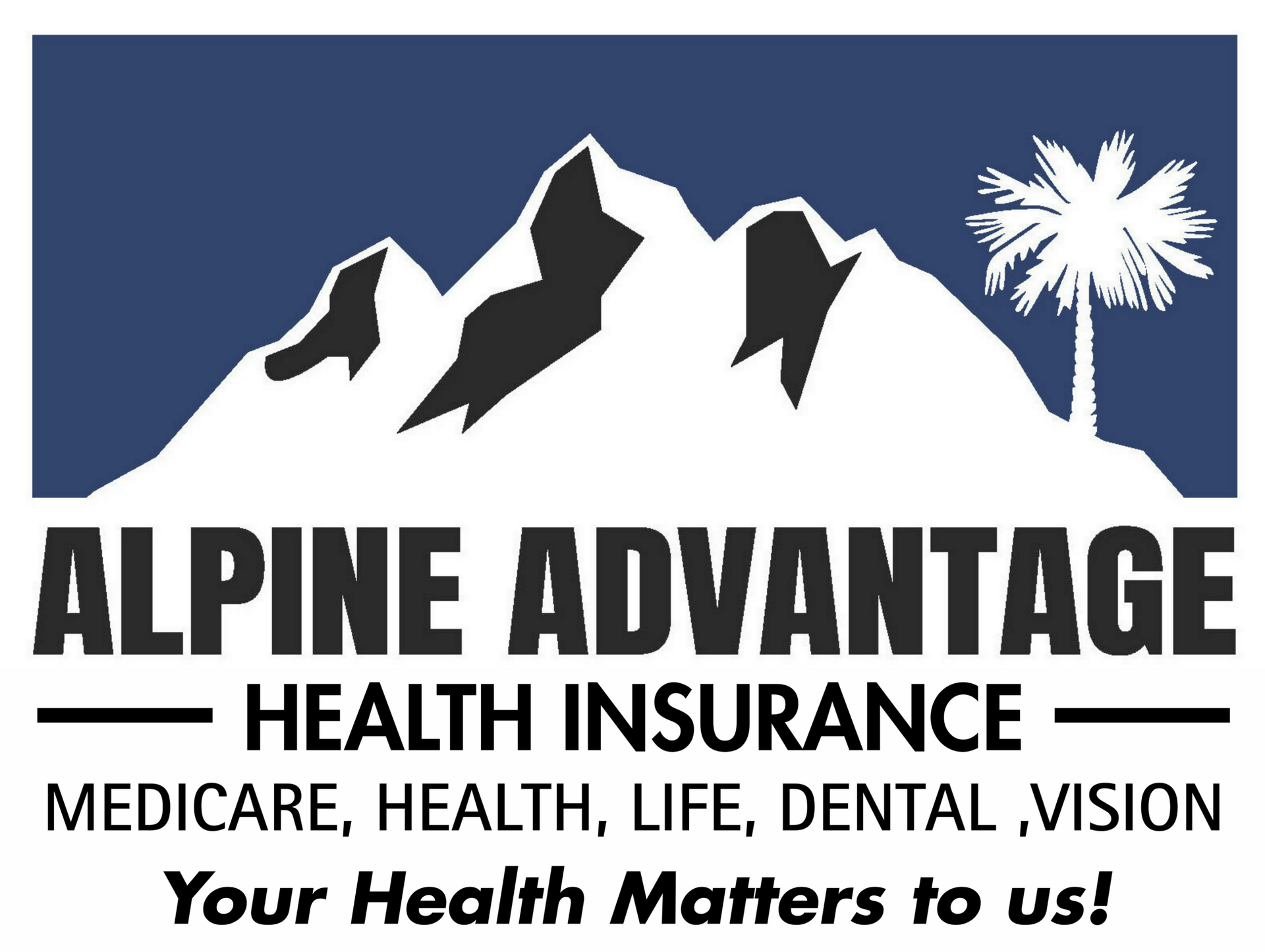 Logo of Alpine Advantage Health Insurance with mountains and a palm tree, text includes service offerings.