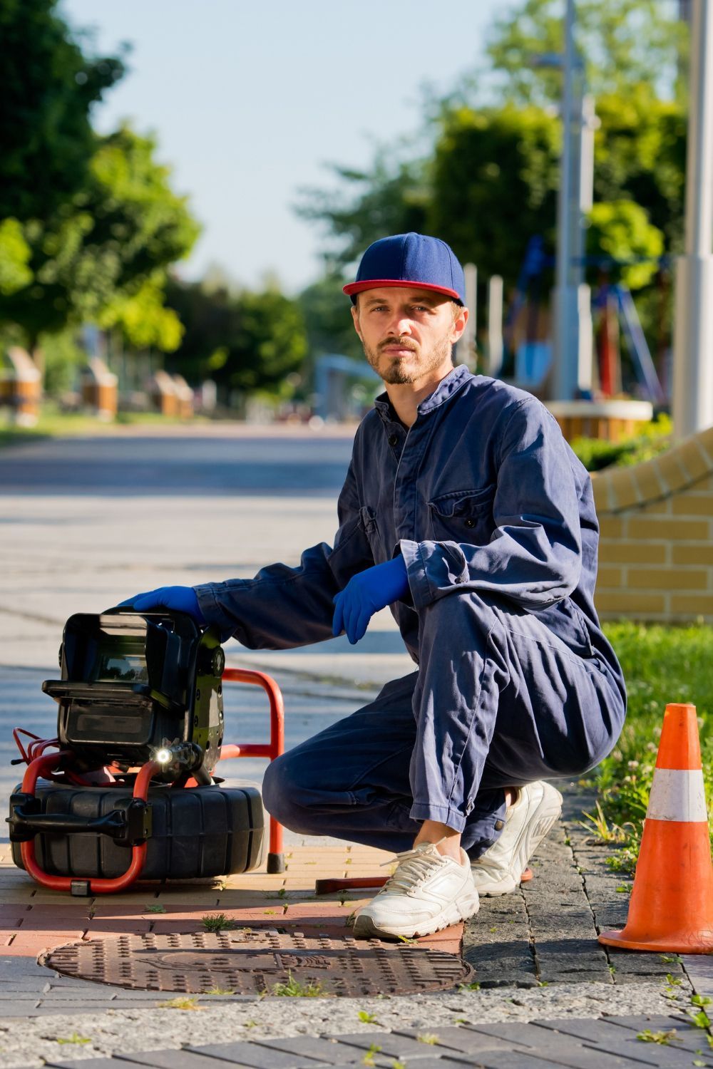 Worker kneeling beside a portable machine on a sidewalk, near an orange cone and a road.