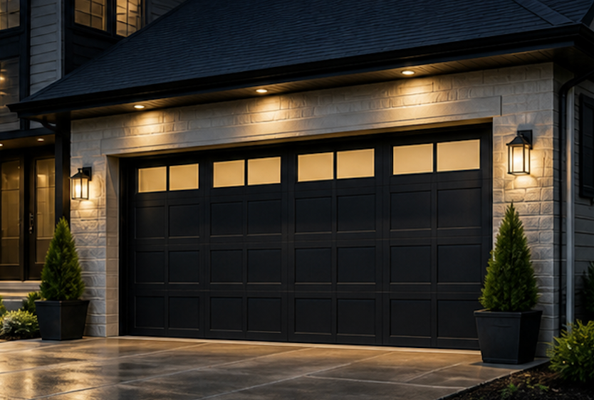 Leaf-covered driveway beside a gray garage, framed by autumn trees and a dim evening sky