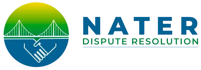 Nater Dispute Resolution logo with handshake and bridge icon in blue and green.