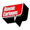 Atomic Cartoons logo: red and black speech-bubble design with white text and a small blue star