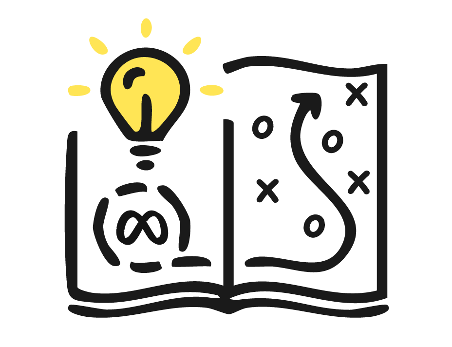 Open book with a yellow lightbulb and a simple strategy diagram, suggesting learning and planning