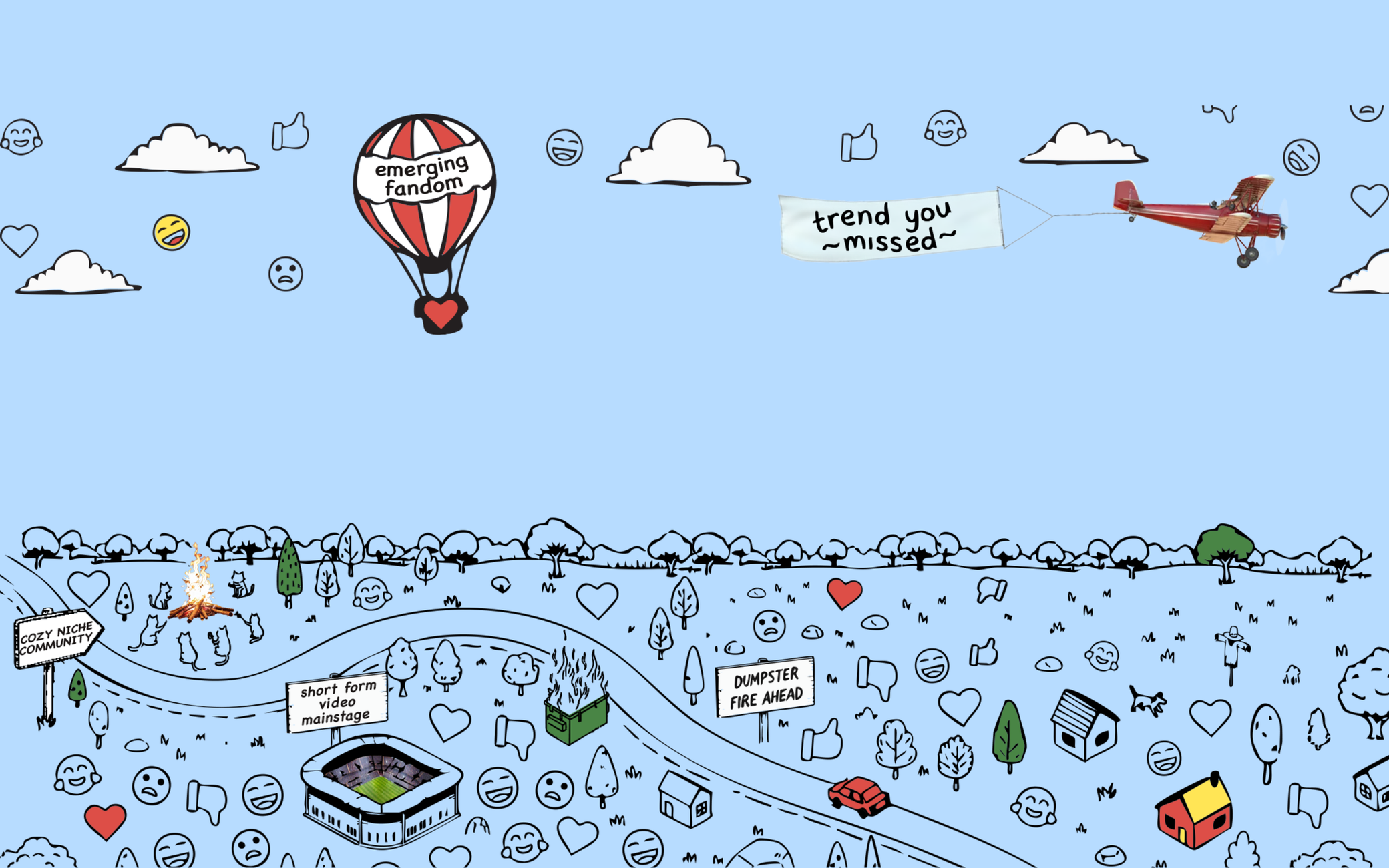 Playful sky-and-water illustration with a hot air balloon, small plane, clouds, and many tiny objects below