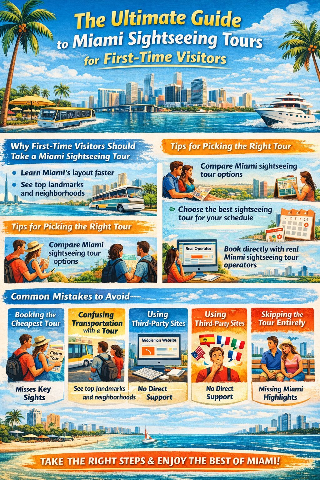Miami sightseeing tours for first-time visitors infographic showing how to choose tours, what you’ll see, comparisons, tips, and mistakes to avoid
