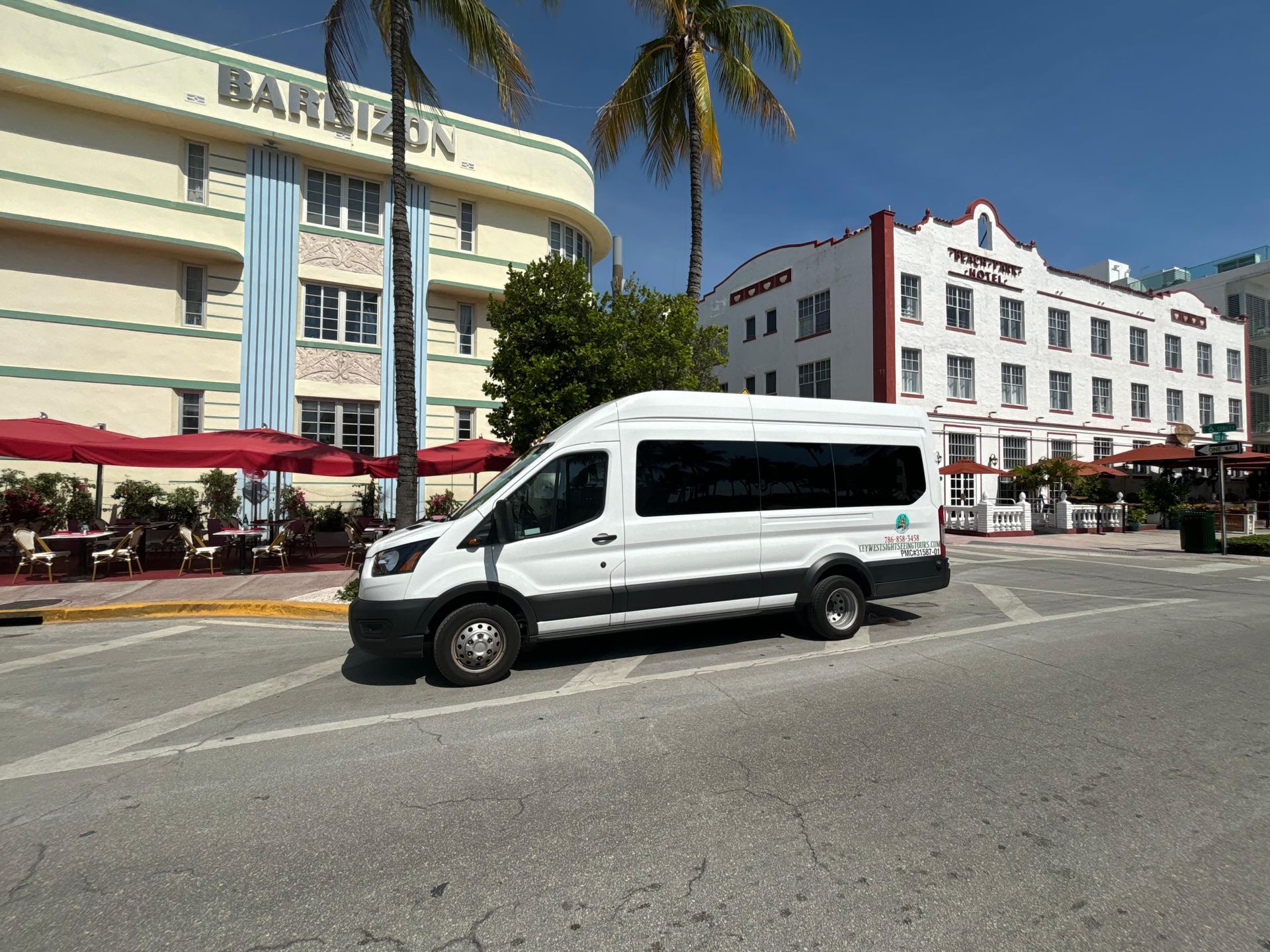 Miami tour Bus parked in the Iconic Ocean Drive in South Beach