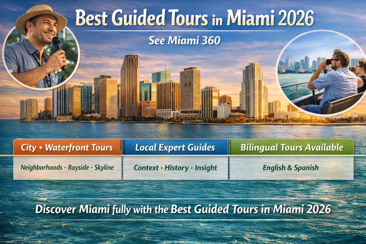 Best guided tours in Miami 2026 infographic showing the Miami skyline and local tour guide for the Miami 360 experience