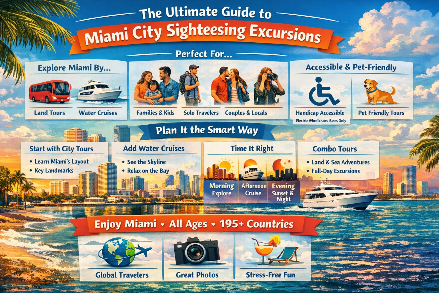 Infographic explaining Miami city sightseeing excursions including city tours, cruises, combo tours, private tours, and Key West trips in 2026 and beyond.