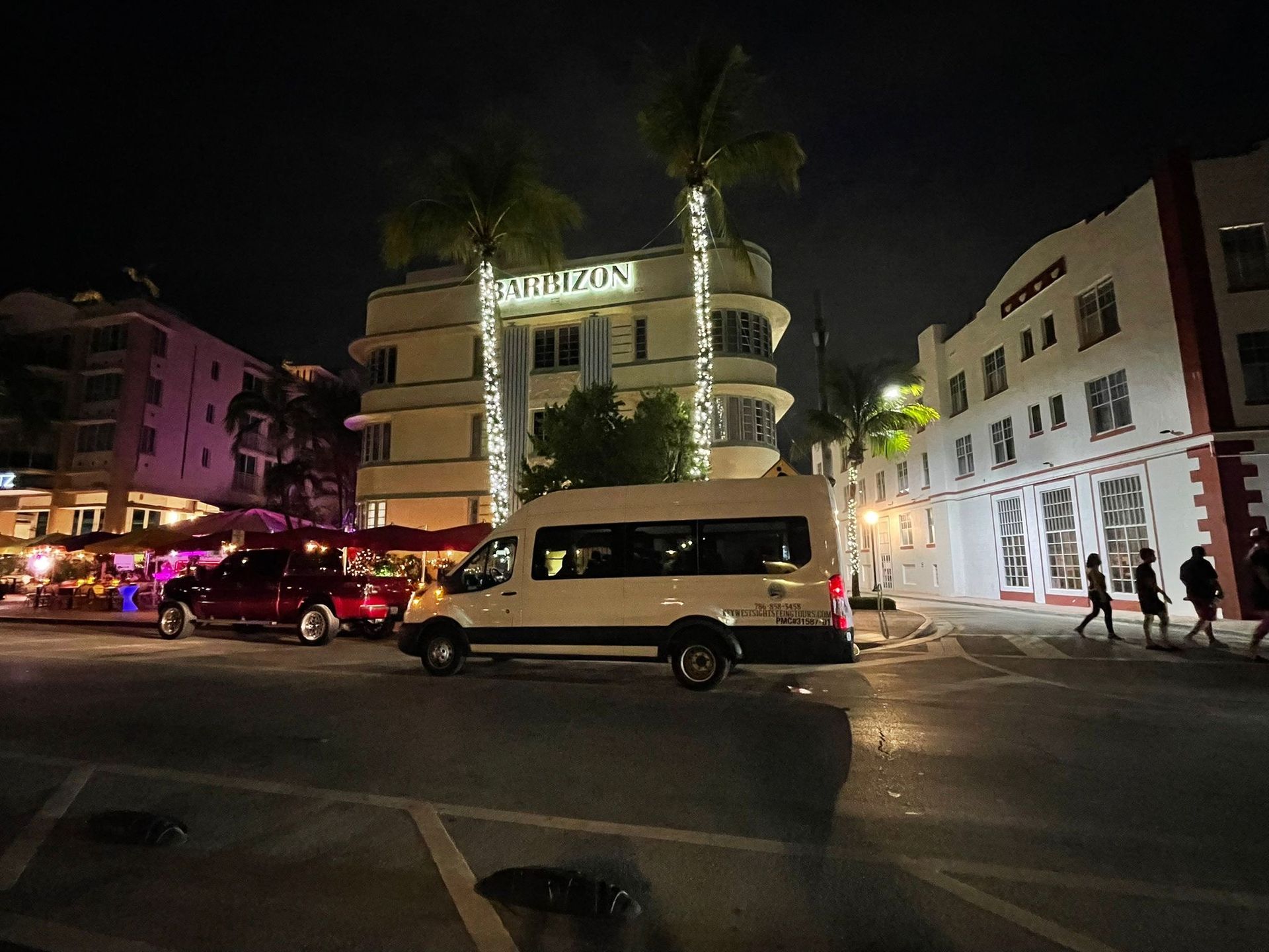 White Miami Night Tour Bus parked in Ocean Drive