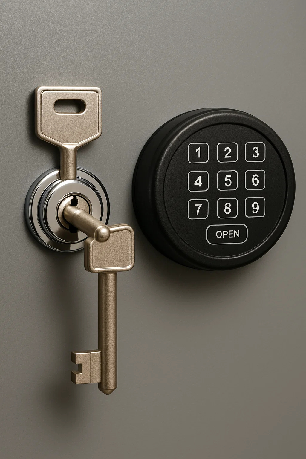 A key in a safe next to a keypad that says open