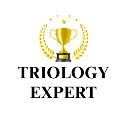 A logo for triology expert with a trophy and laurel wreath