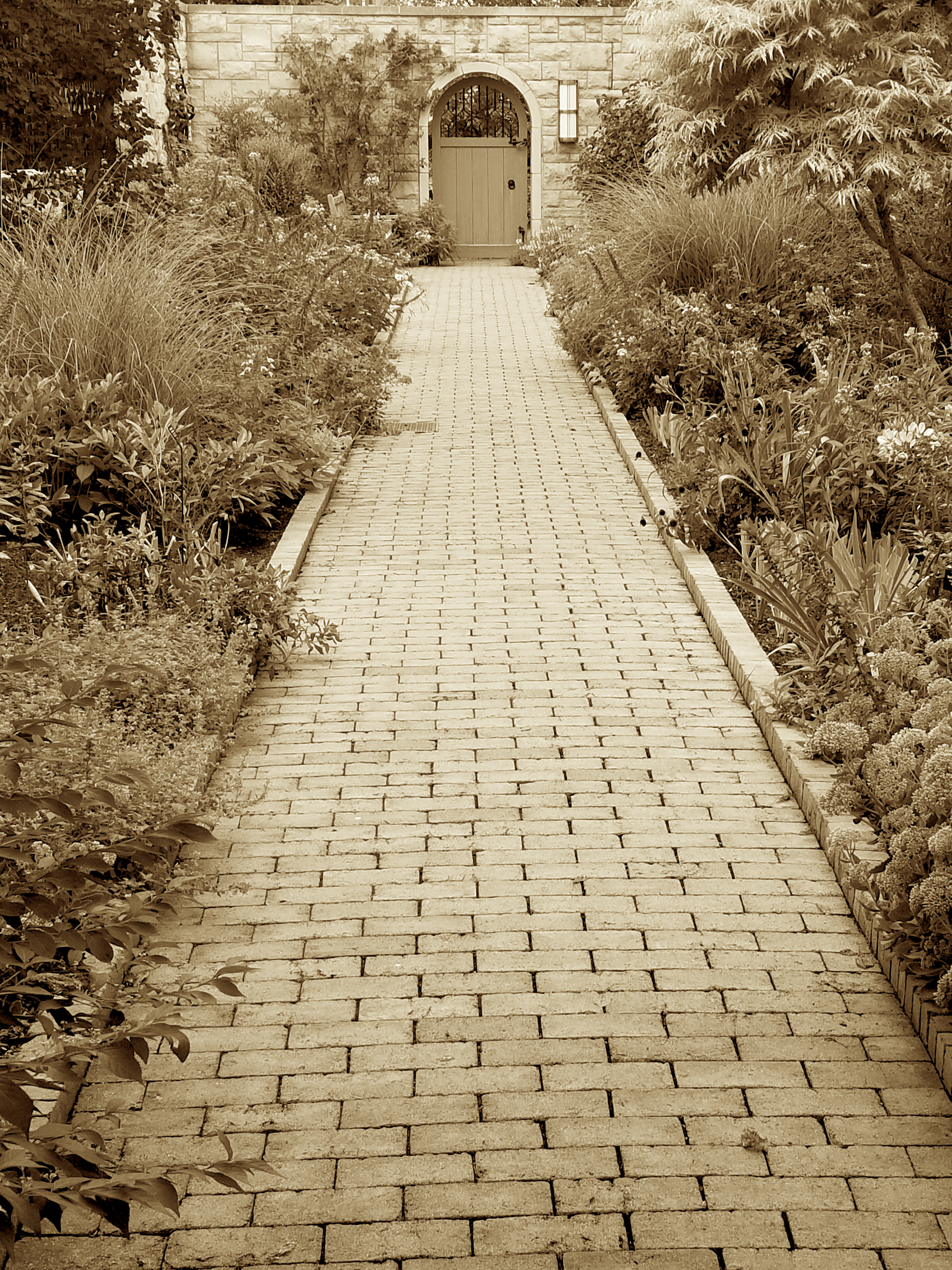 A brick walkway leading to a door in a garden