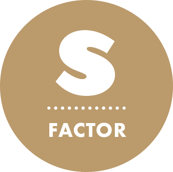 A brown circle with a white letter s and the word factor on it