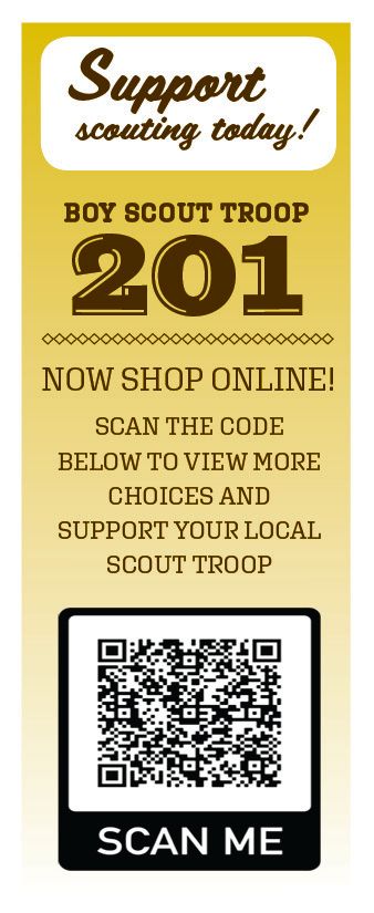 A sign that says boy scout troop 201 now shop online