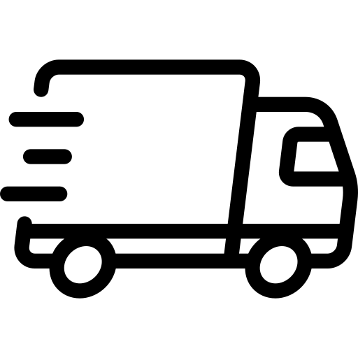A black and white icon of a delivery truck on a white background.