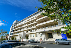 Modern hospital building with blue 