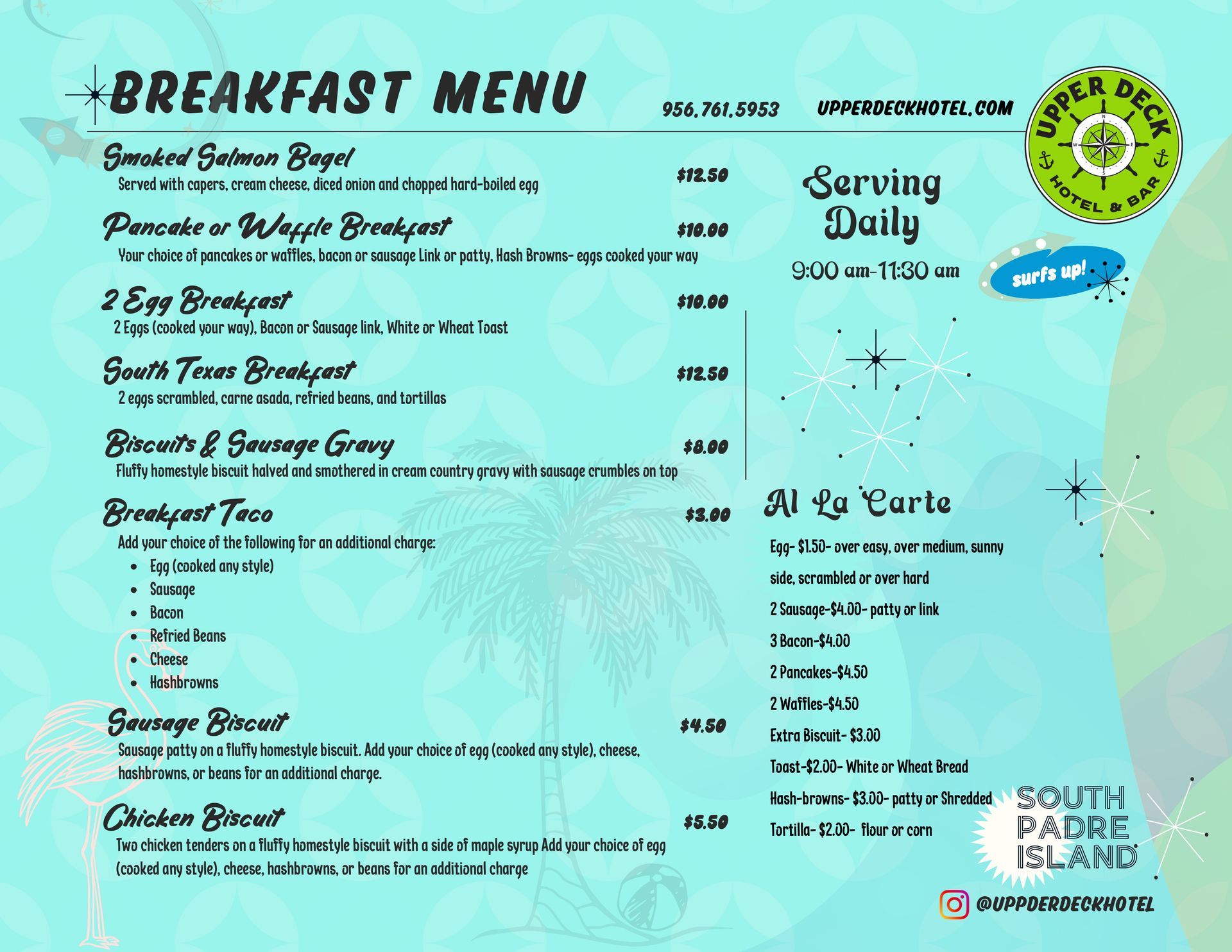 a blue and white breakfast menu from south padre island