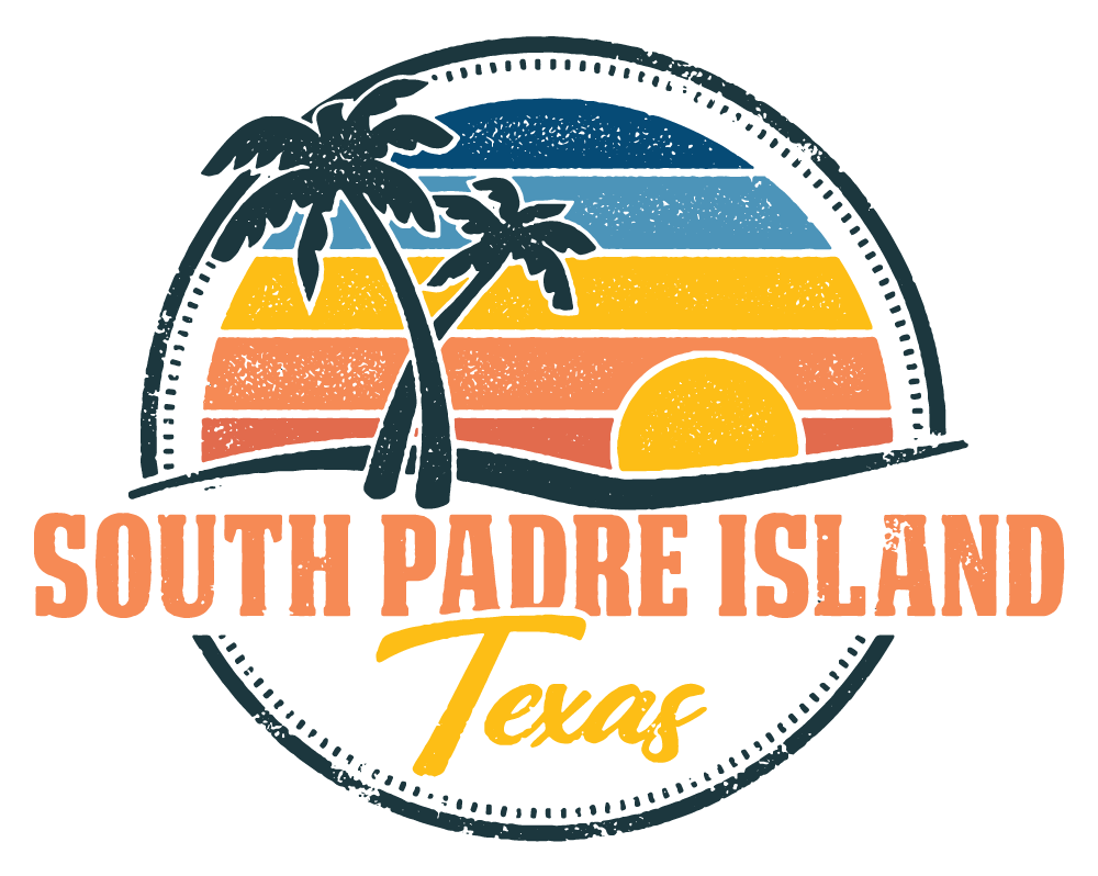 a logo for south padre island texas with a sunset and palm trees