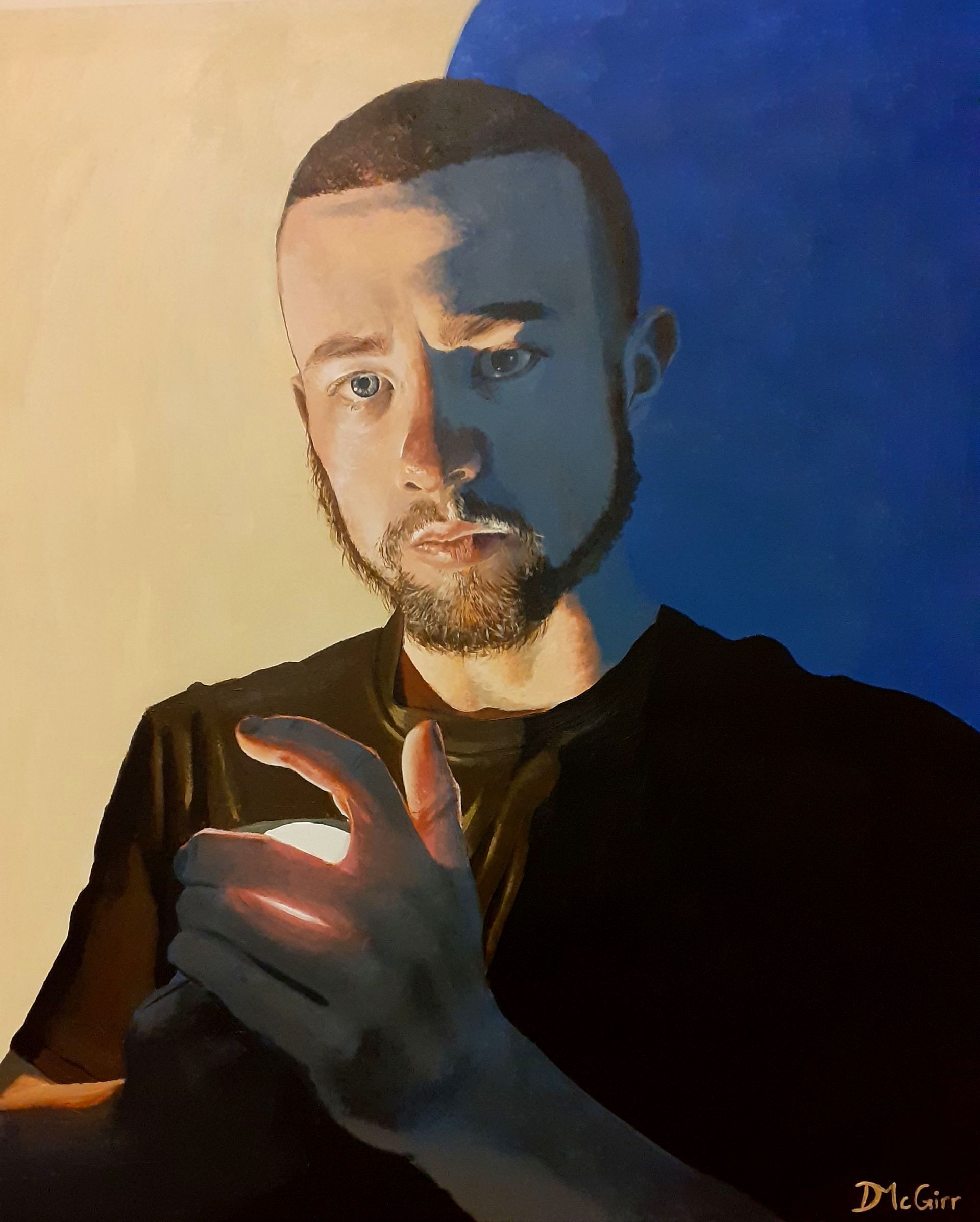 A painting of a man with a beard holding a light in his hand