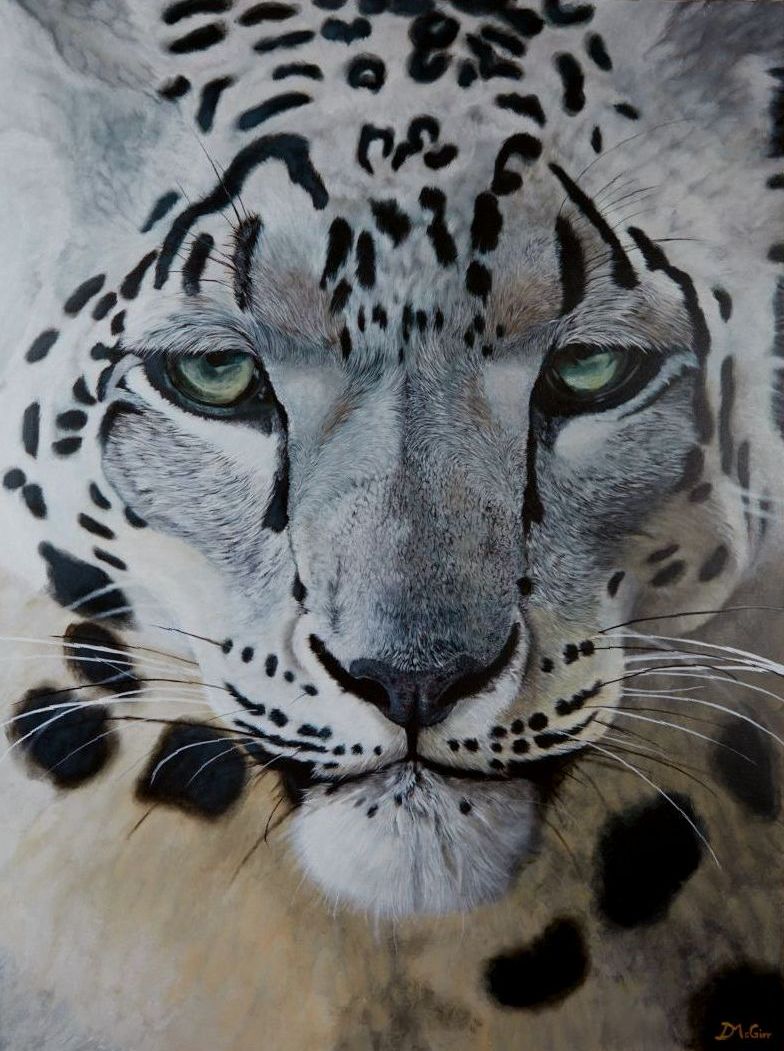 A close up of a snow leopard 's face with green eyes
