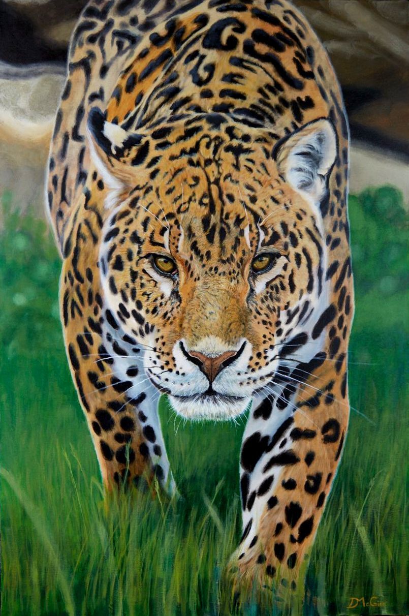 A painting of a jaguar walking through the grass