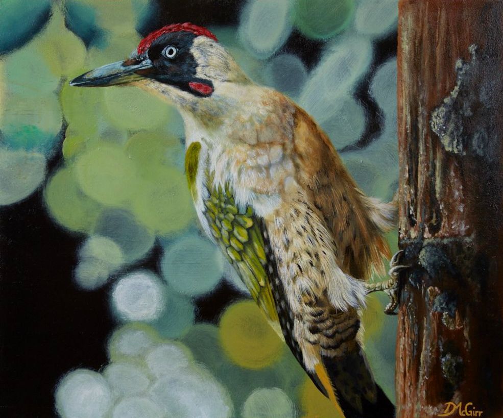A painting of a green woodpecker perched on a tree branch