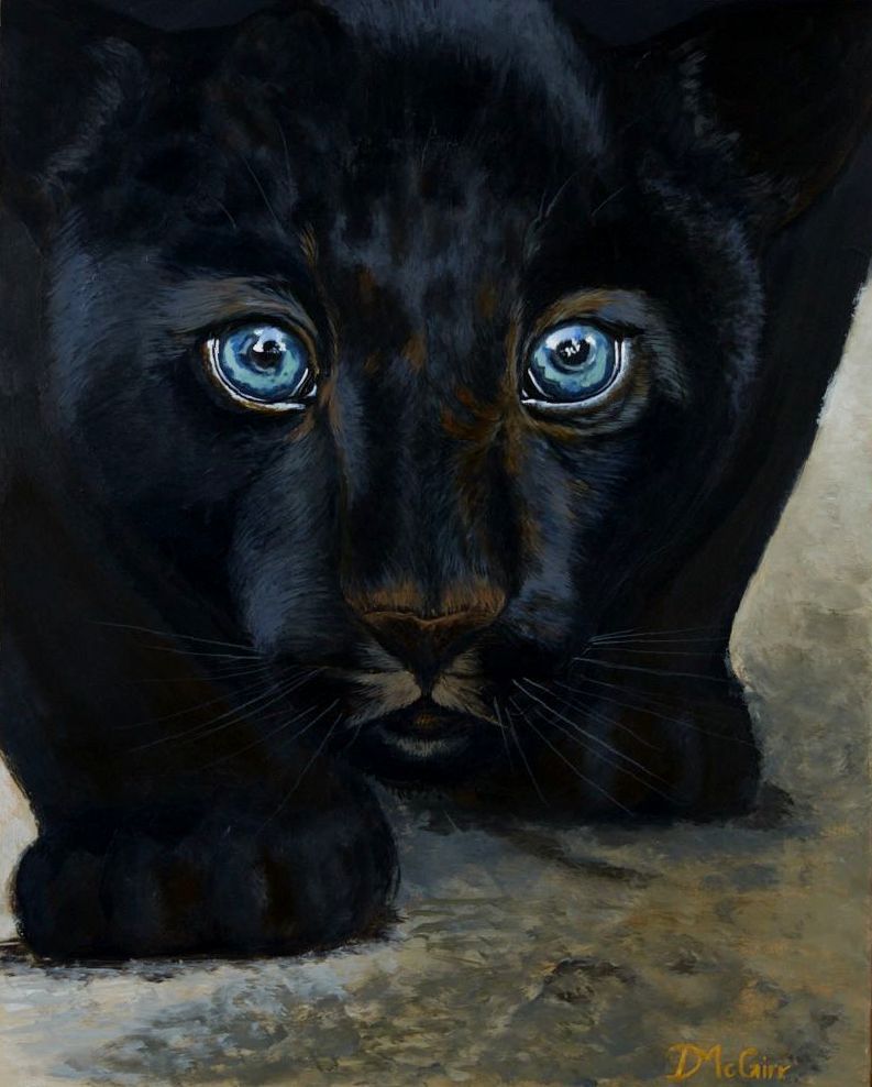 It is a painting of a black panther with blue eyes.