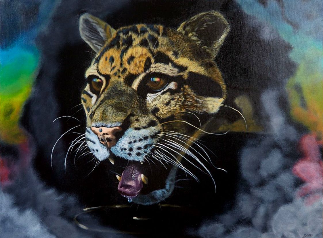 A close up of a painting of a clouded leopard with its mouth open.