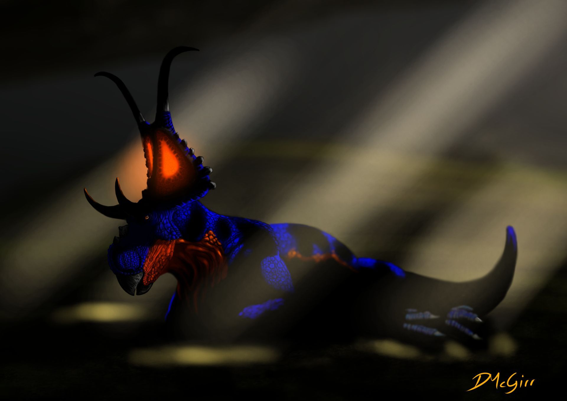 A drawing of a blue and orange dinosaur with horns