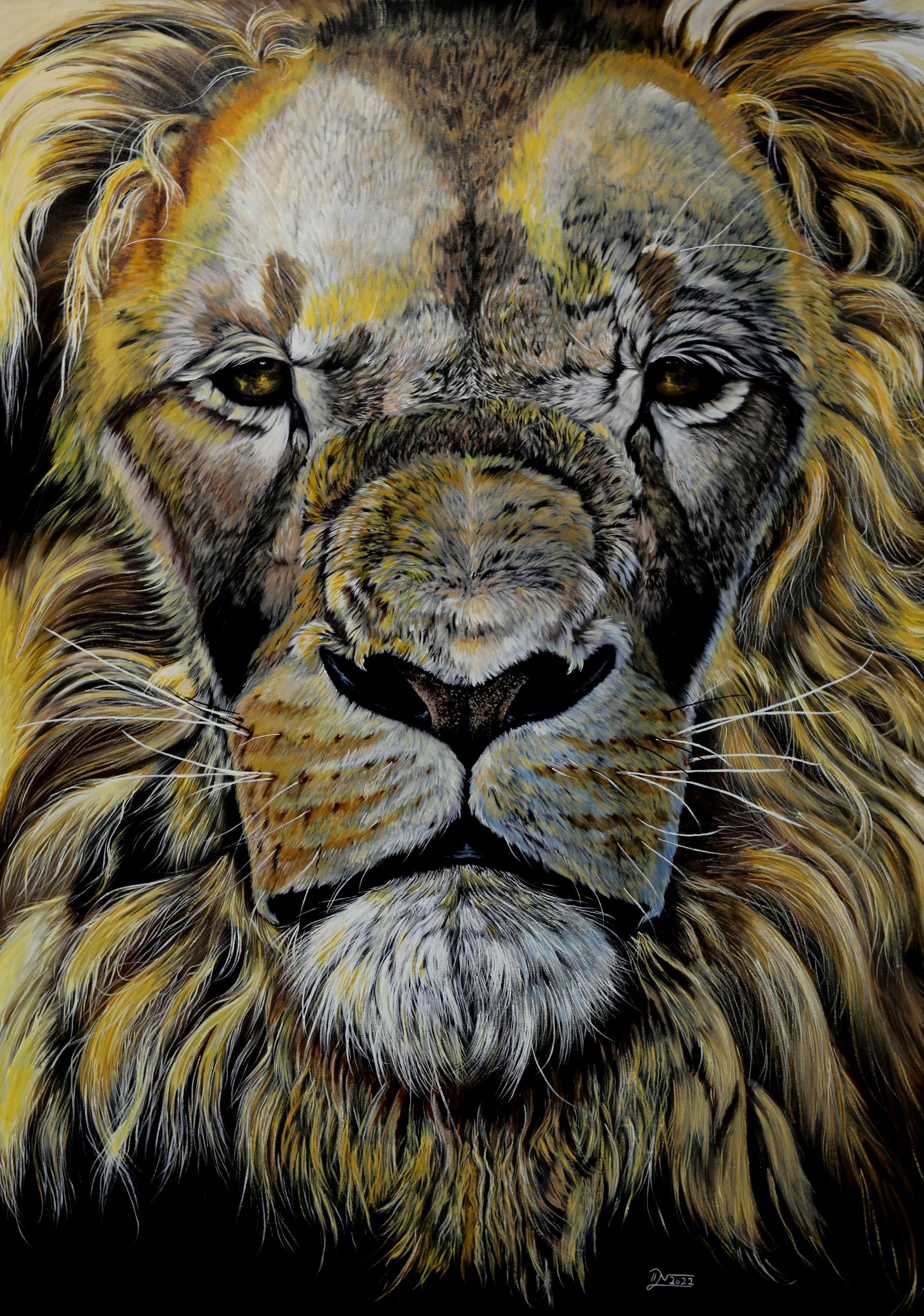 A close up of a lion 's face in a painting.